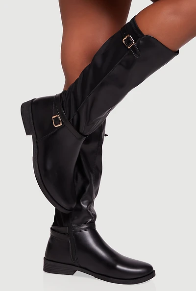 Womens Buckle Strap Detail Elastic Back Almond Toe Boots,