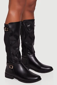 Womens Buckle Strap Detail Elastic Back Almond Toe Boots,