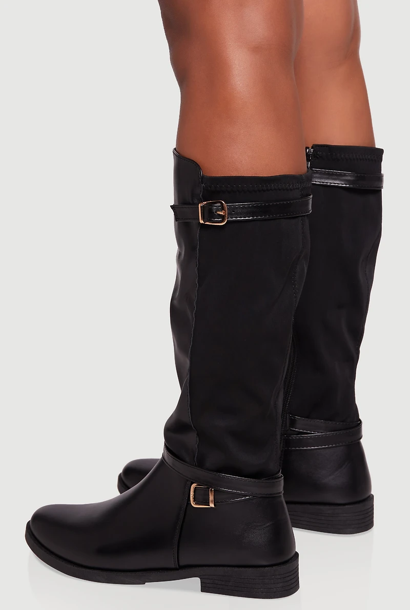 Womens Buckle Strap Detail Elastic Back Almond Toe Boots,