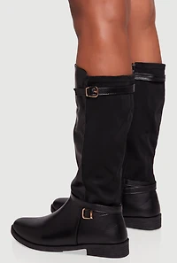Womens Buckle Strap Detail Elastic Back Almond Toe Boots,