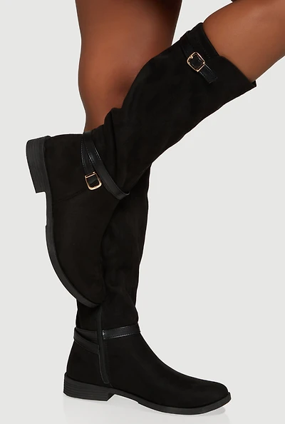 Womens Buckle Strap Detail Elastic Back Almond Toe Boots,