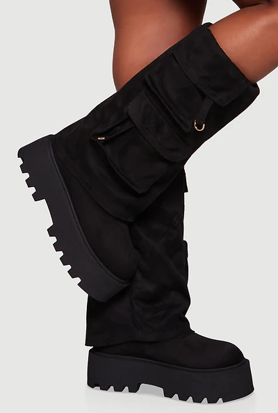Faux Suede Cargo Pocket Lug Sole Slouch Boots