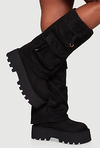 Faux Suede Cargo Pocket Lug Sole Slouch Boots