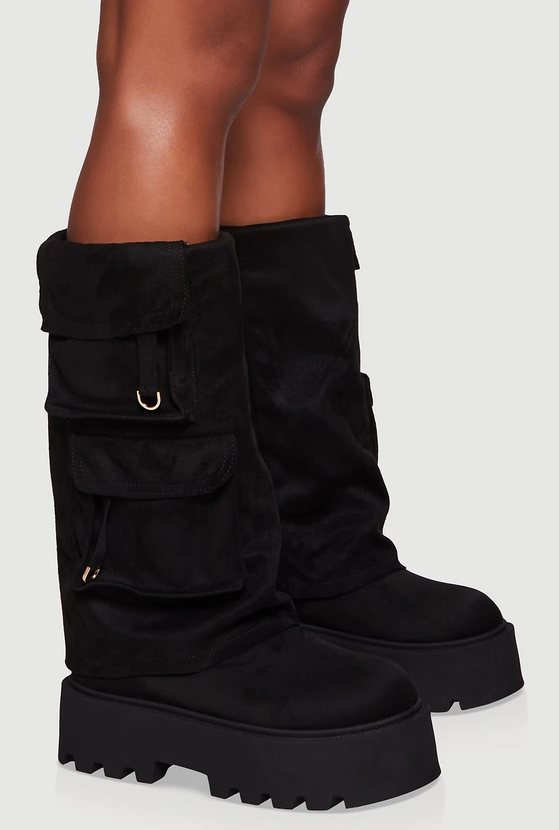Faux Suede Cargo Pocket Lug Sole Slouch Boots
