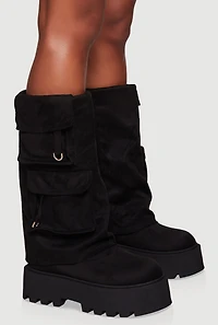 Faux Suede Cargo Pocket Lug Sole Slouch Boots