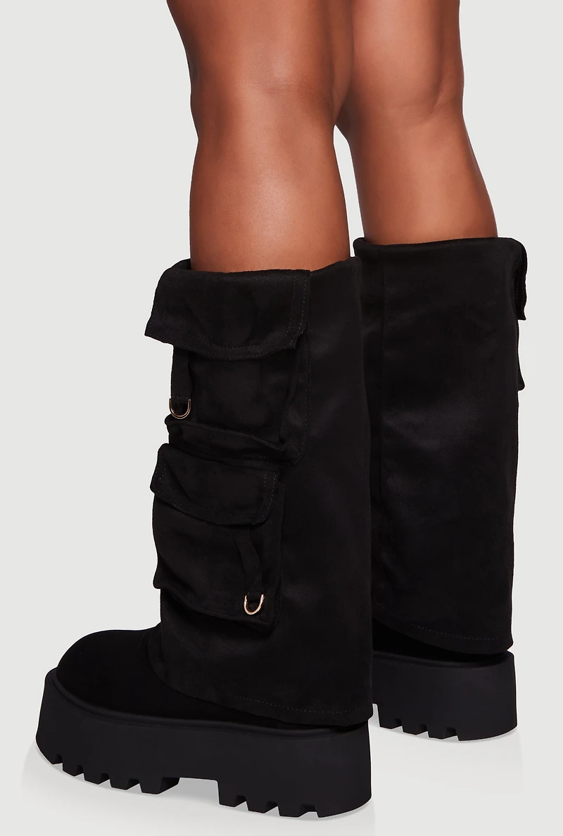 Faux Suede Cargo Pocket Lug Sole Slouch Boots