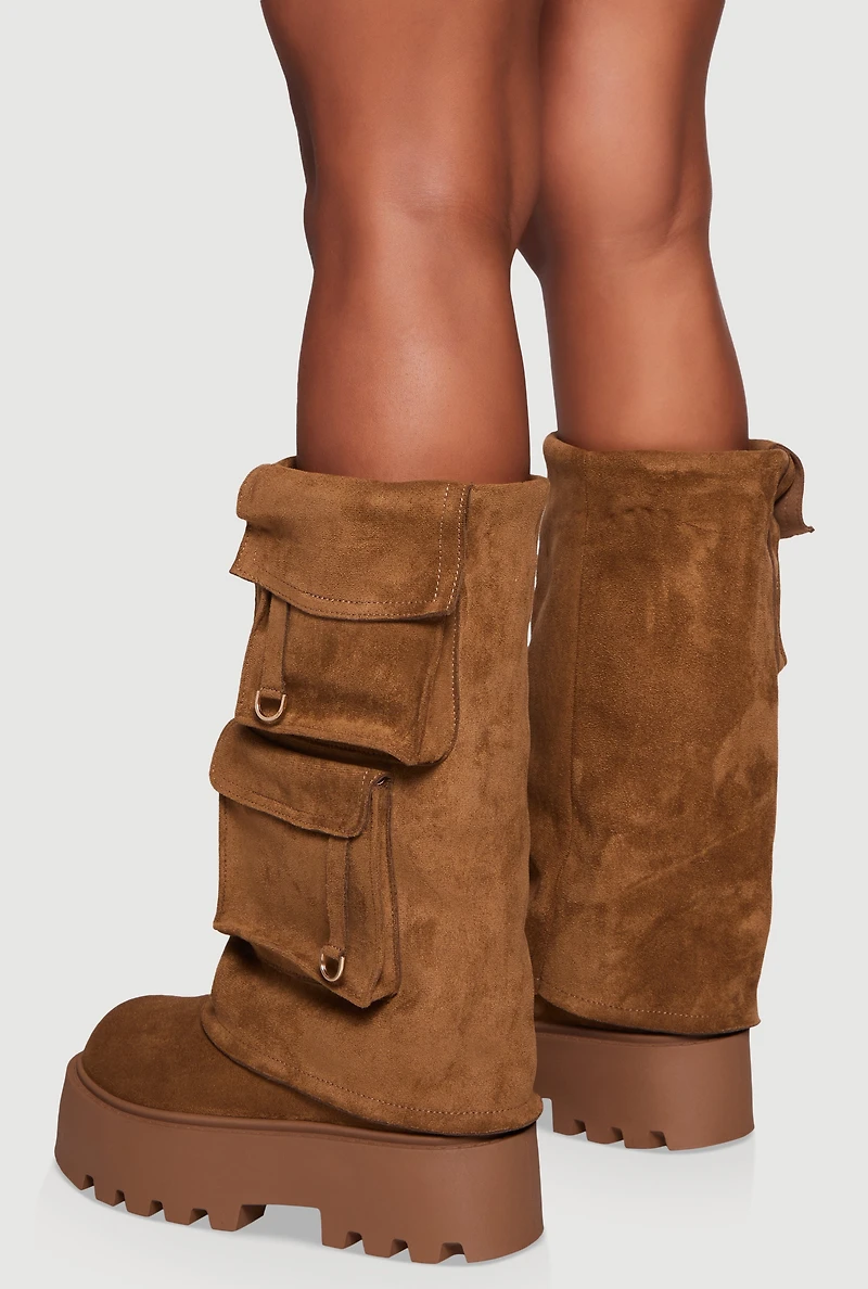 Faux Suede Cargo Pocket Lug Sole Slouch Boots