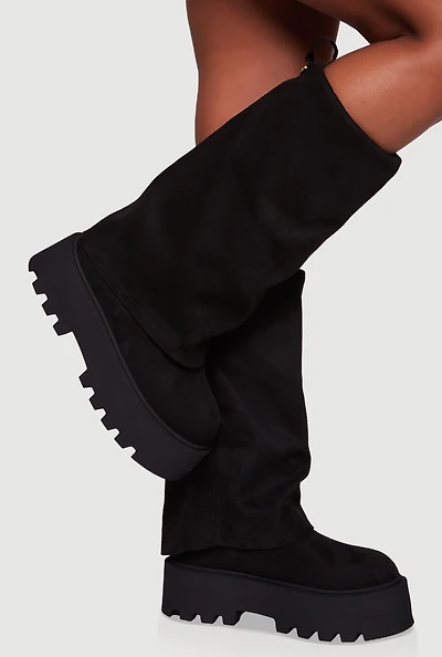 Womens Faux Suede Lug Sole Platform Slouch Boots, Black,
