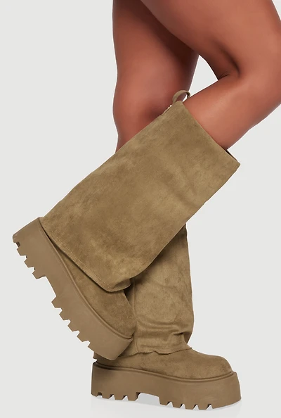 Womens Faux Suede Lug Sole Platform Slouch Boots, Beige, Size 10