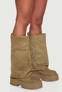 Womens Faux Suede Lug Sole Platform Slouch Boots, Beige, Size 10