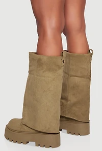 Womens Faux Suede Lug Sole Platform Slouch Boots, Beige, Size 10