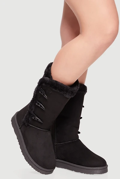 Faux Fur Lined Button Loop Side Mid-Calf Platform Boots