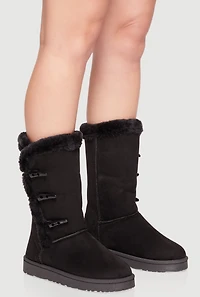 Faux Fur Lined Button Loop Side Mid-Calf Platform Boots