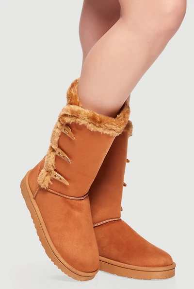 Faux Fur Lined Button Loop Side Mid-Calf Platform Boots