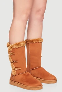 Faux Fur Lined Button Loop Side Mid-Calf Platform Boots