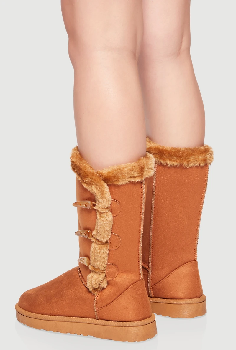Faux Fur Lined Button Loop Side Mid-Calf Platform Boots