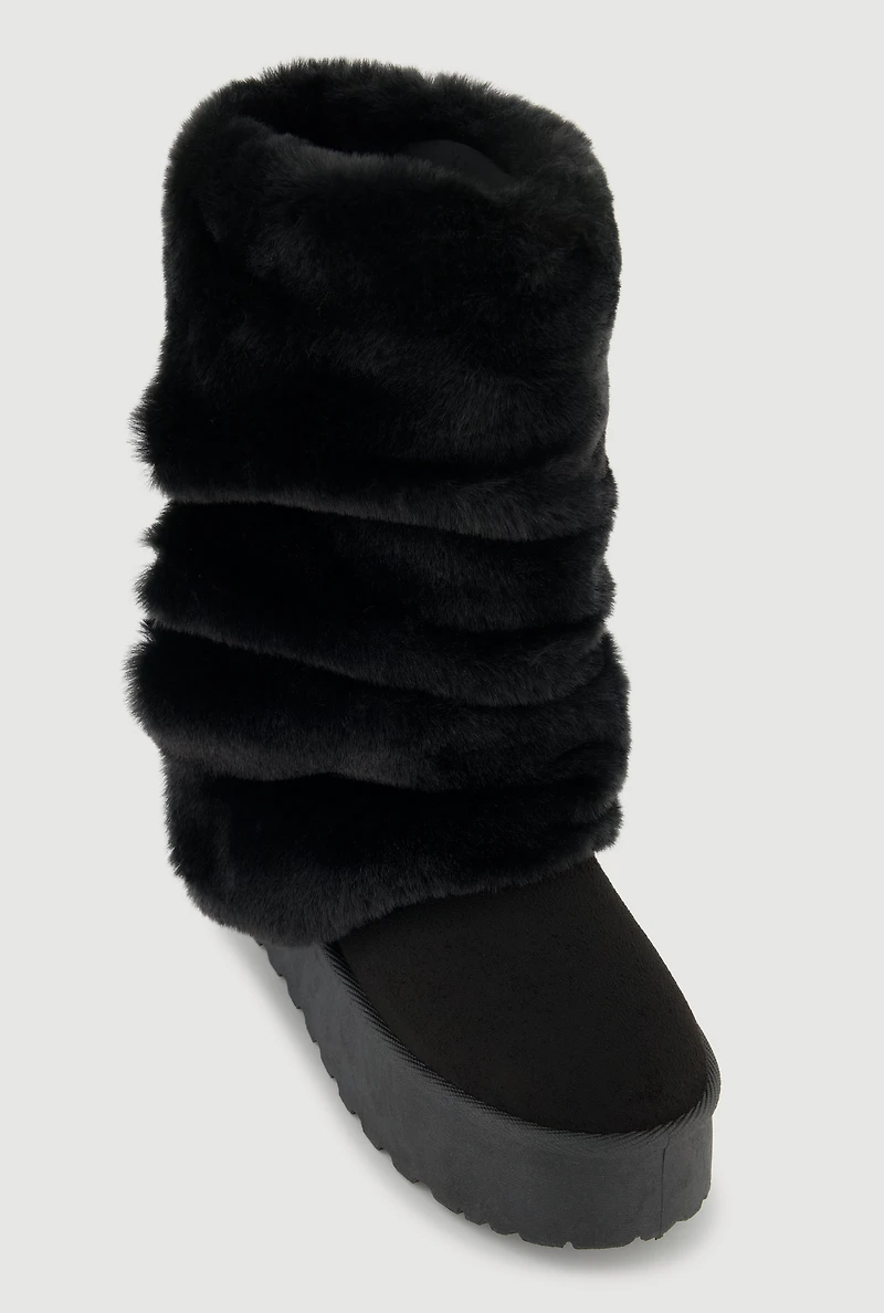 Womens Faux Fur Mid Calf Platform Slouch Boots,