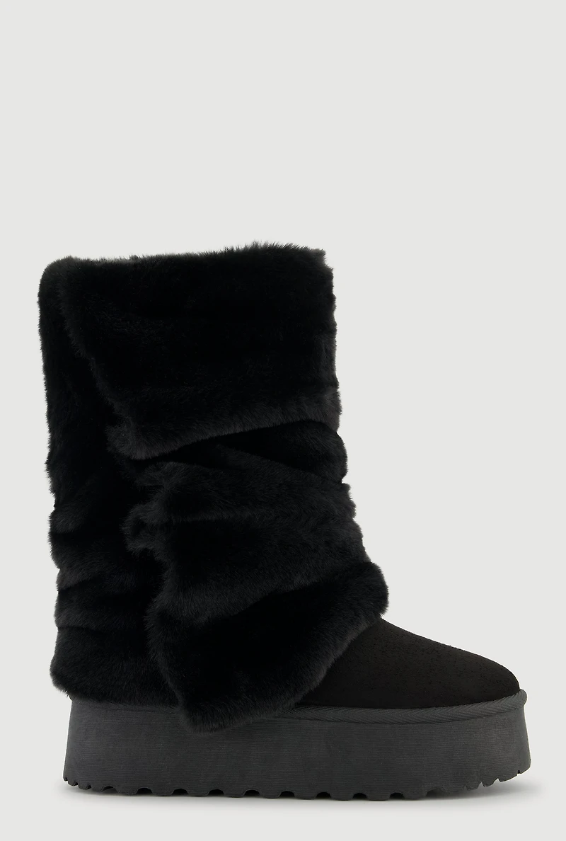 Womens Faux Fur Mid Calf Platform Slouch Boots, Black, Size 8.5