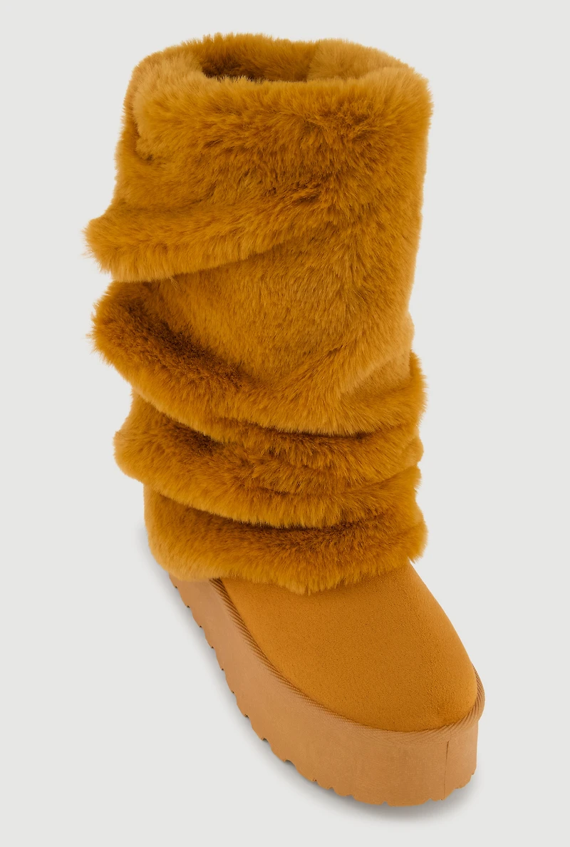 Faux Fur Mid Calf Platform Slouch Boots