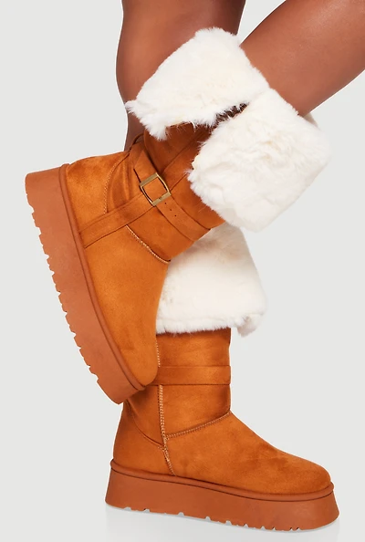 Faux Fur Cuff Buckle Detail Platform Boots