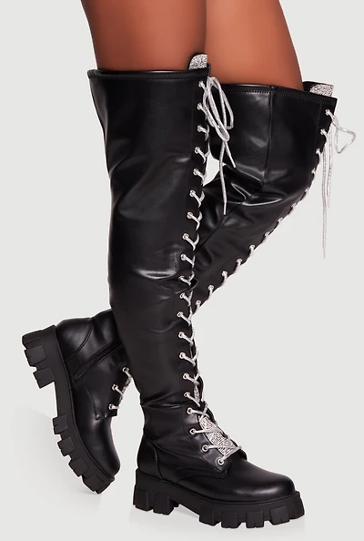 Rhinestone Detail Faux Leather Over The Knee Lug Sole Boots