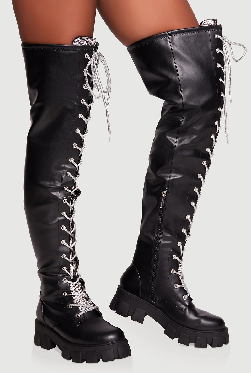Rhinestone Detail Faux Leather Over The Knee Lug Sole Boots