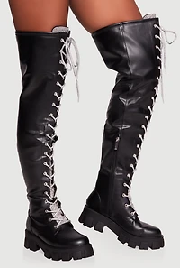 Rhinestone Detail Faux Leather Over The Knee Lug Sole Boots