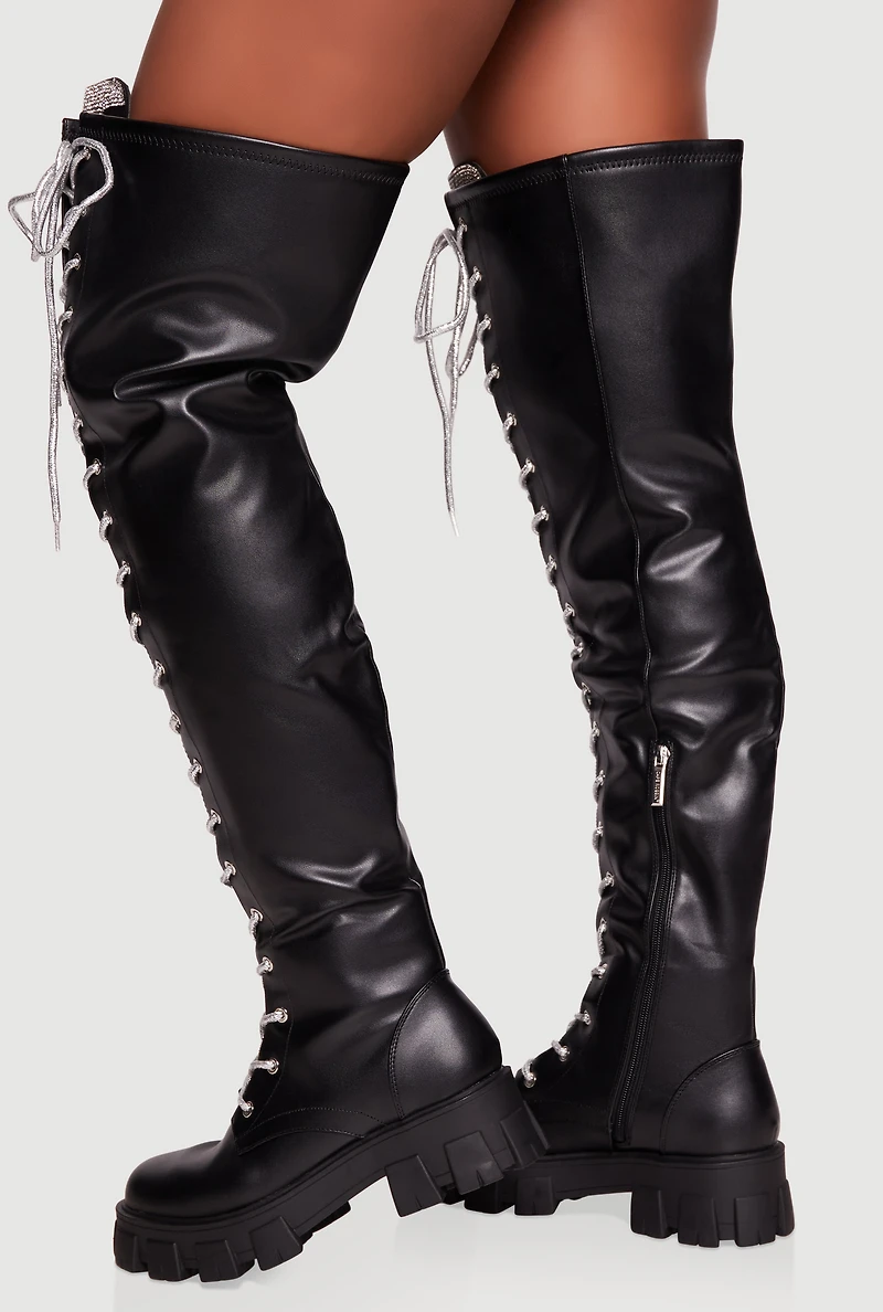 Rhinestone Detail Faux Leather Over The Knee Lug Sole Boots