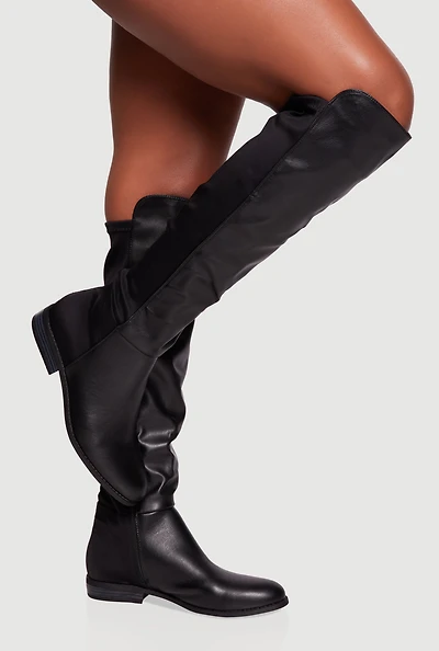 Womens Elastic Back Almond Toe Knee High Boots, Black,