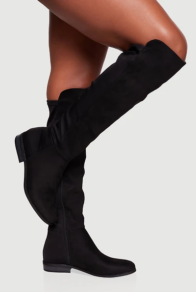 Womens Elastic Back Almond Toe Knee High Boots, Black,