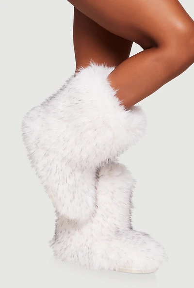 Womens Faux Fur Round Toe Boots, White,