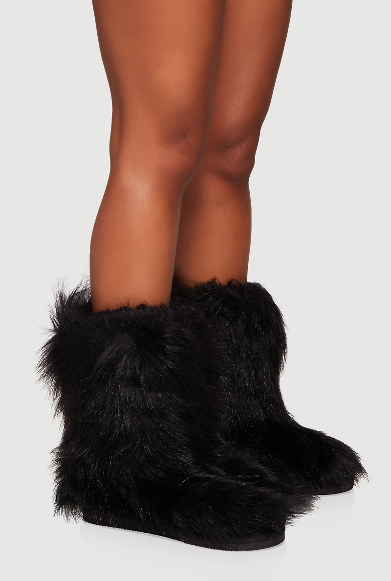 Womens Round Toe Faux Fur Boots, Black,