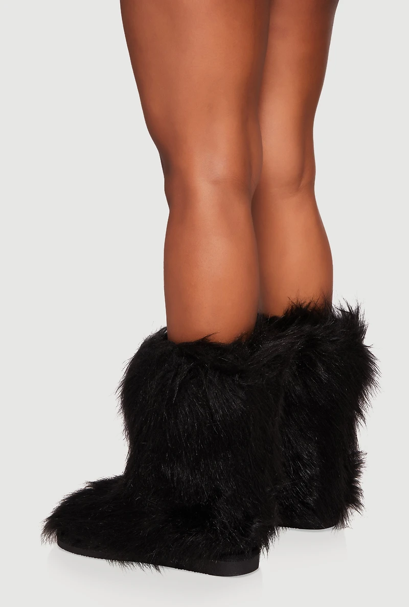 Womens Round Toe Faux Fur Boots, Black,