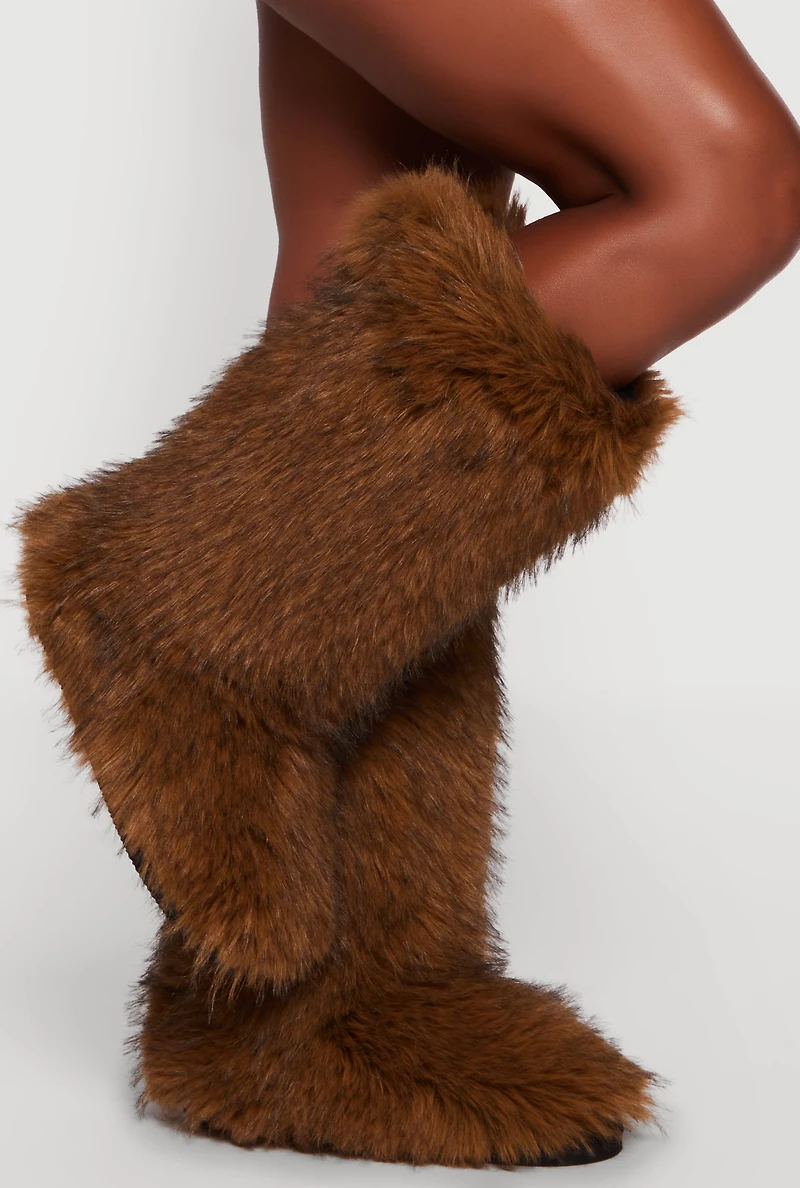 Womens Round Toe Mid Calf Faux Fur Boots, Brown,