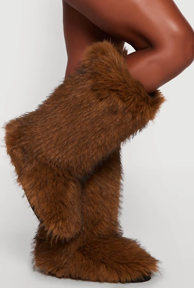 Womens Round Toe Mid Calf Faux Fur Boots, Brown,