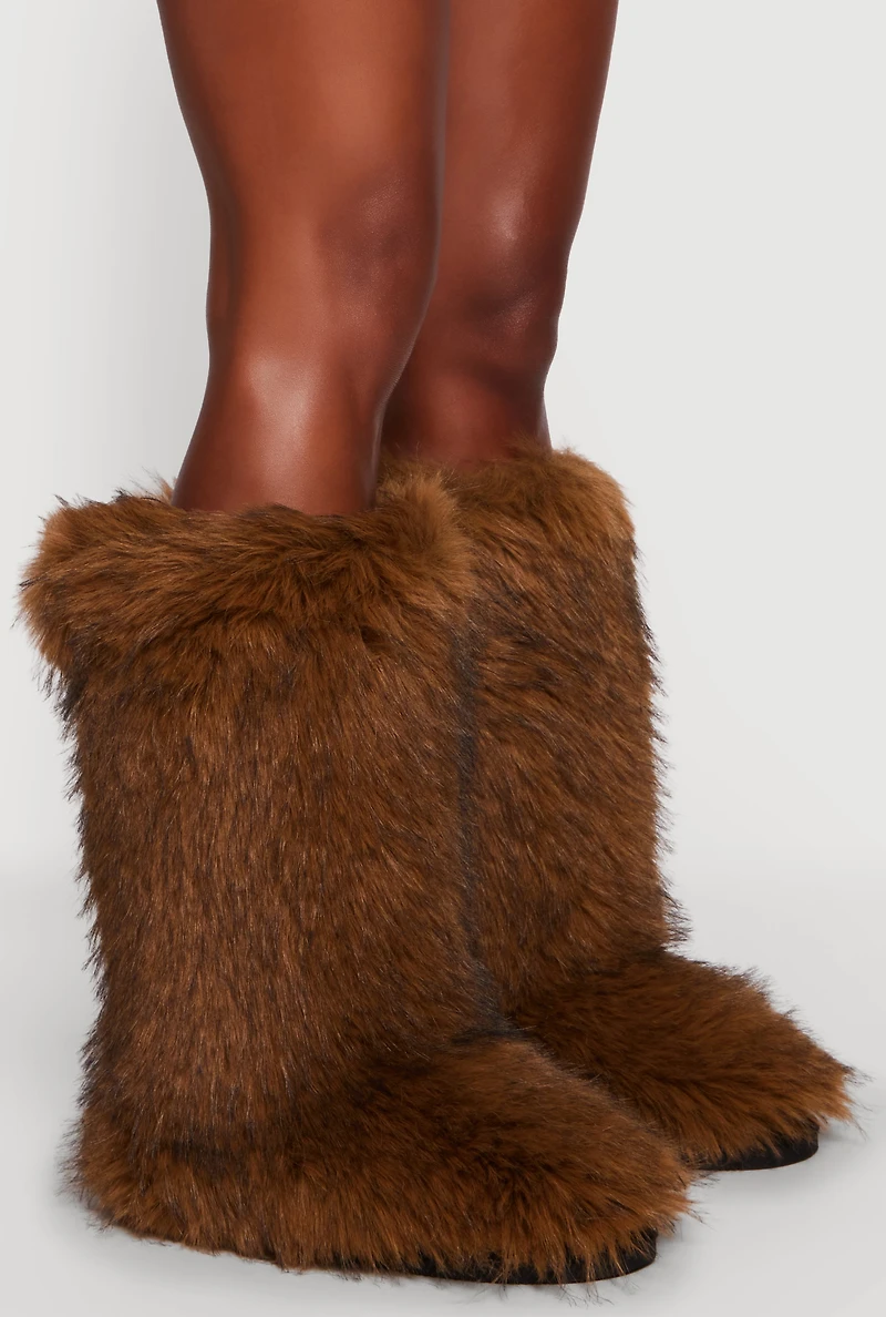 Womens Round Toe Mid Calf Faux Fur Boots, Brown,