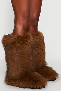 Womens Round Toe Mid Calf Faux Fur Boots, Brown,