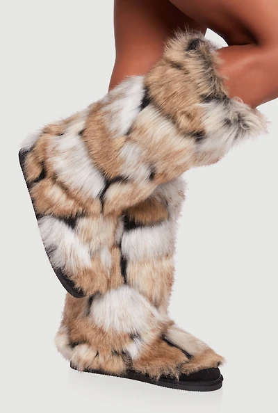 Round Toe Color Blocked Faux Fur Boots