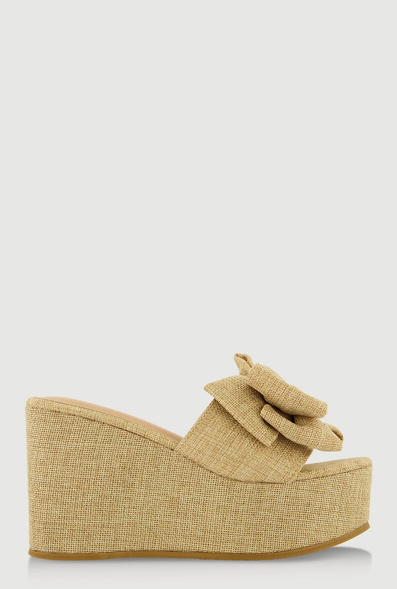 Womens Bow Platform Wedge Slide Sandals, Beige, Size 8