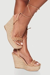 Womens Chain Detail Strappy Lace Up Espadrille Wedges,