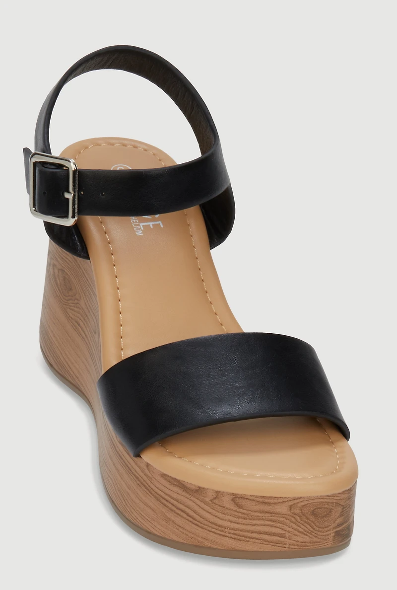 Faux Leather Ankle Strap Cork Wedge Heels