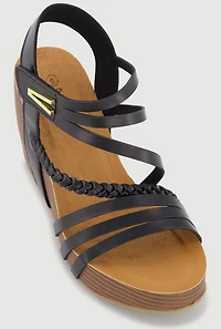 Metallic Detail Braided Velcro Ankle Strap Wedge Sandals