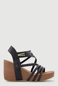 Metallic Detail Braided Velcro Ankle Strap Wedge Sandals