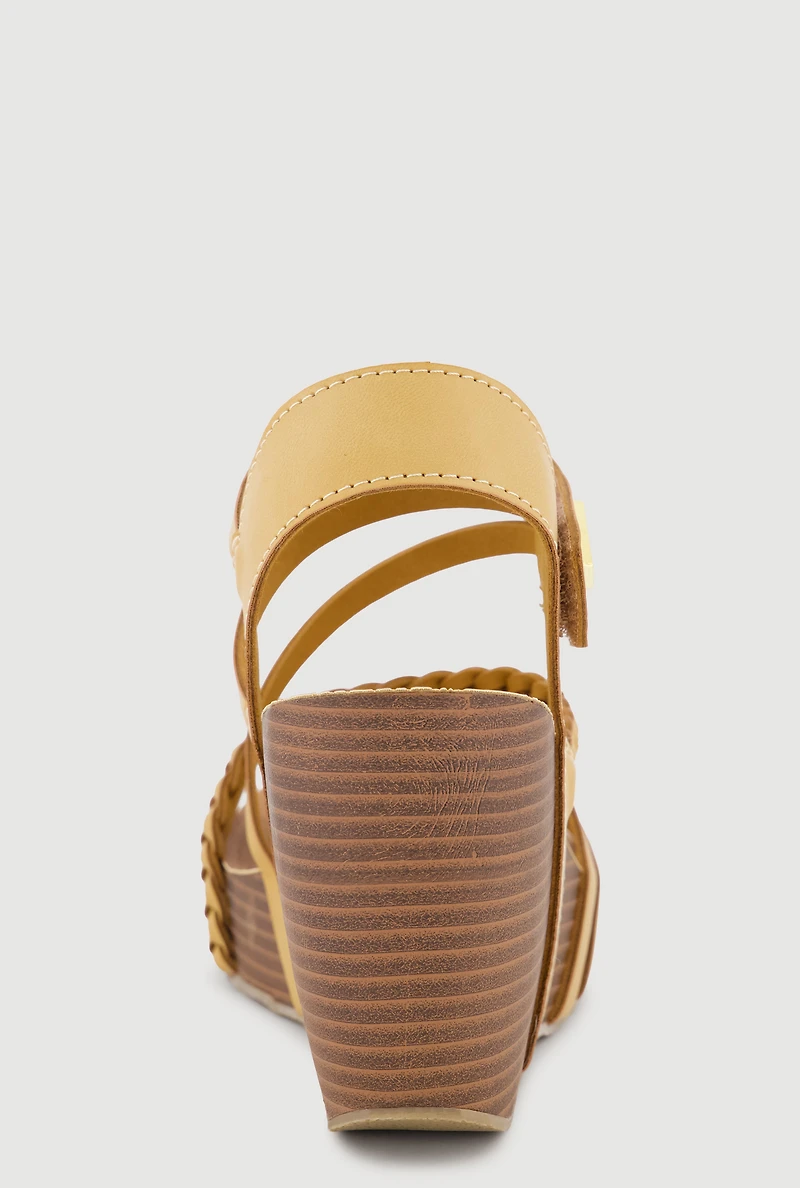 Metallic Detail Braided Velcro Ankle Strap Wedge Sandals