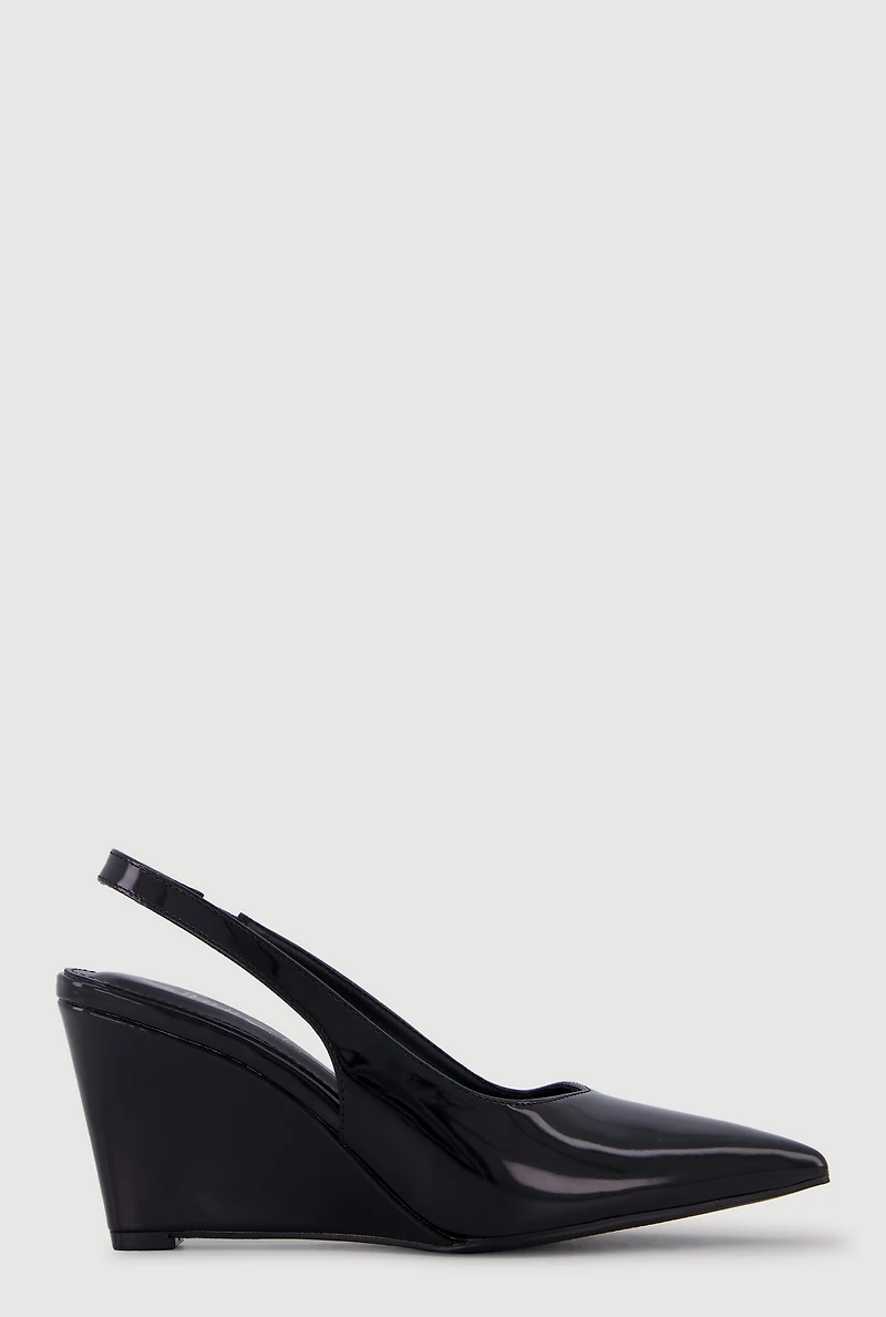 Faux Leather Pointed Toe Sling Back Wedge Heels