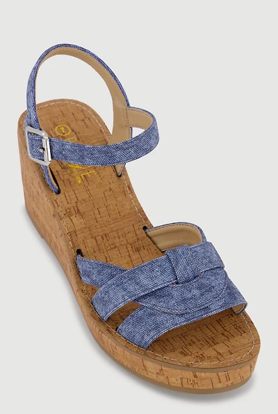 Woven Band Open Toe Cork Sole Wedges