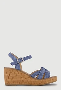 Woven Band Open Toe Cork Sole Wedges