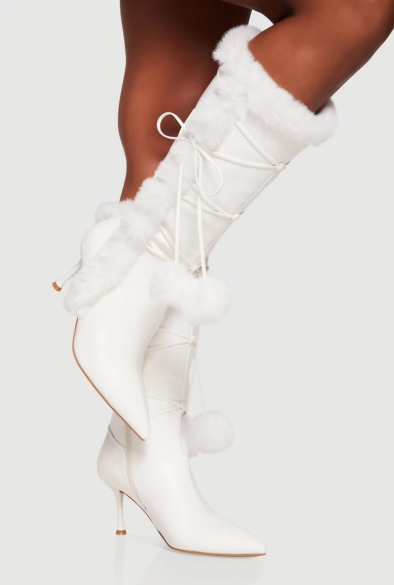 Side Zip Faux Fur Pom Stiletto Boots