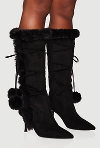 Womens Side Zip Faux Fur Pom Stiletto Boots,