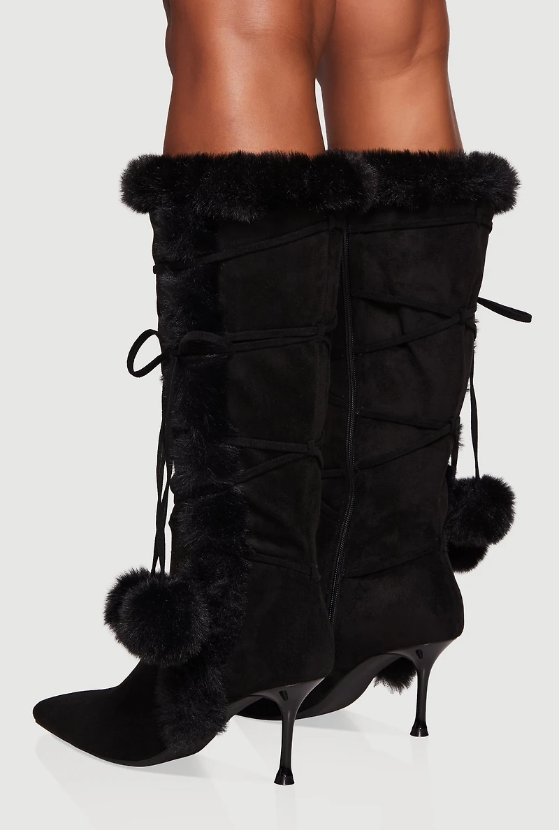 Womens Side Zip Faux Fur Pom Stiletto Boots,